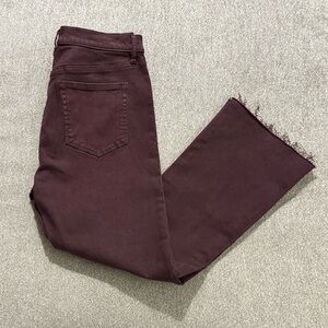 LOFT Kick Crop High Rise Jeans Burgundy Raw Hem Stretch Denim Size 28/6